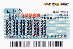 ロト6 第1,518回　3等1本・4等10本・5等76本当選！